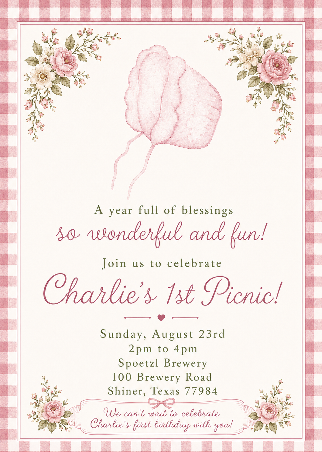 Charlie's 1st Picnic — A year full of blessings, so wonderful and fun! Join us to celebrate Charlie's 1st Picnic. Sunday, August 23rd, 2pm to 4pm, Spoetzl Brewery, 100 Brewery Road, Shiner, Texas 77984.